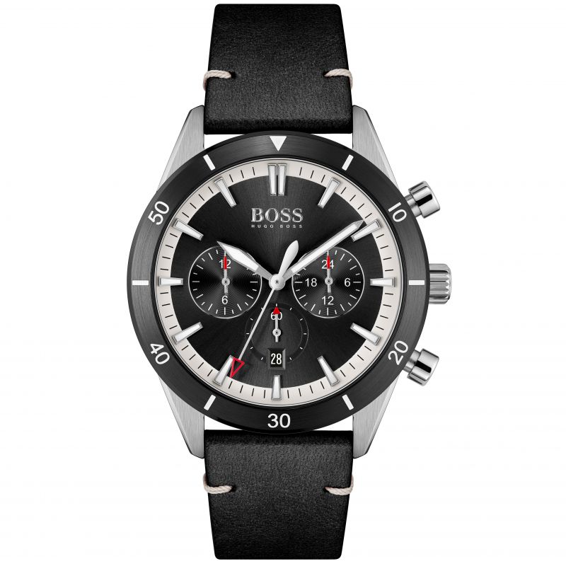 Hugo Boss Chronograph Black Dial Black Leather Strap Watch for Men - 1513864 Watches Hugo Boss   