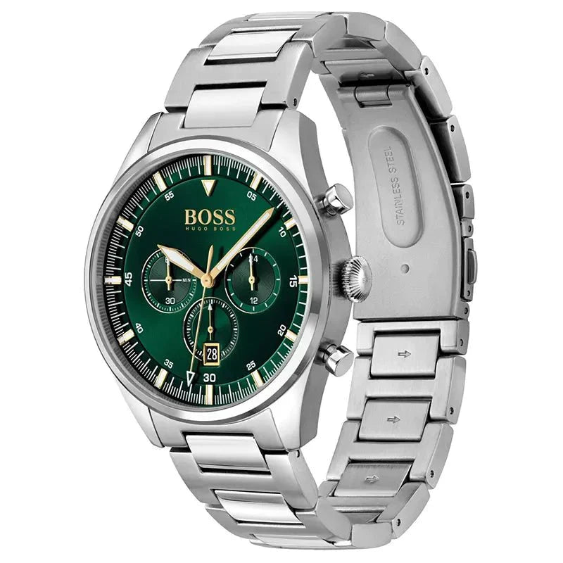 Hugo Boss Pioneer Green Dial Silver Steel Strap Watch for Men - 1513868 Watches Hugo Boss   