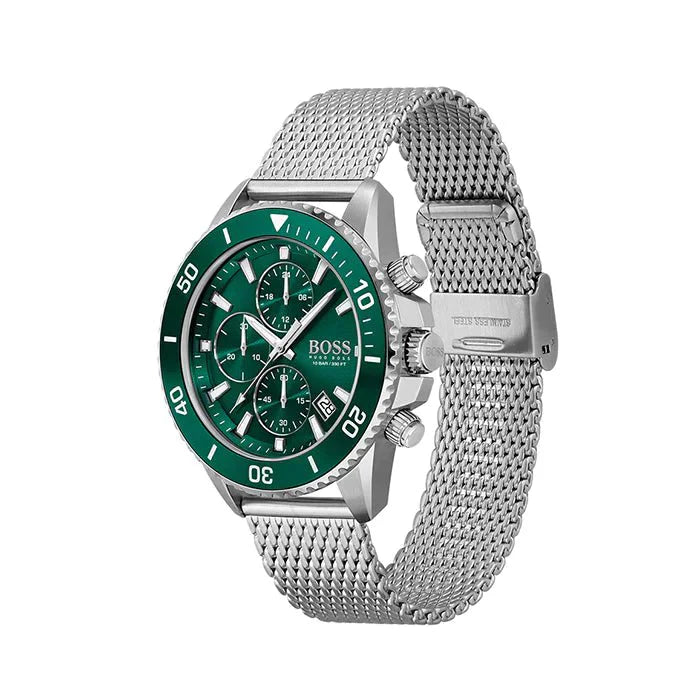 Hugo Boss Admiral Green Dial Silver Mesh Bracelet Watch for Men - 1513905 Watches Hugo Boss   