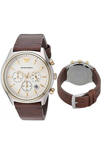 Emporio Armani Chronograph White Dial Brown Leather Strap Watch For Men - AR11033 Watches Emporio Armani   