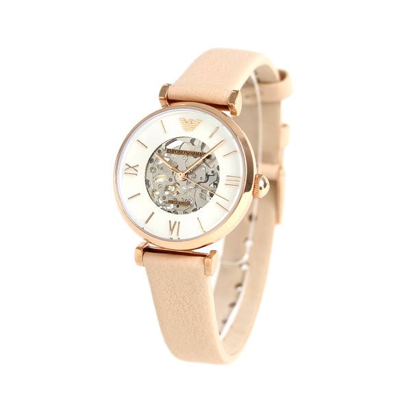 Emporio Armani Meccanico Silver Skeleton Dial Beige Leather Strap Watch For Women - AR60001 Watches Emporio Armani   