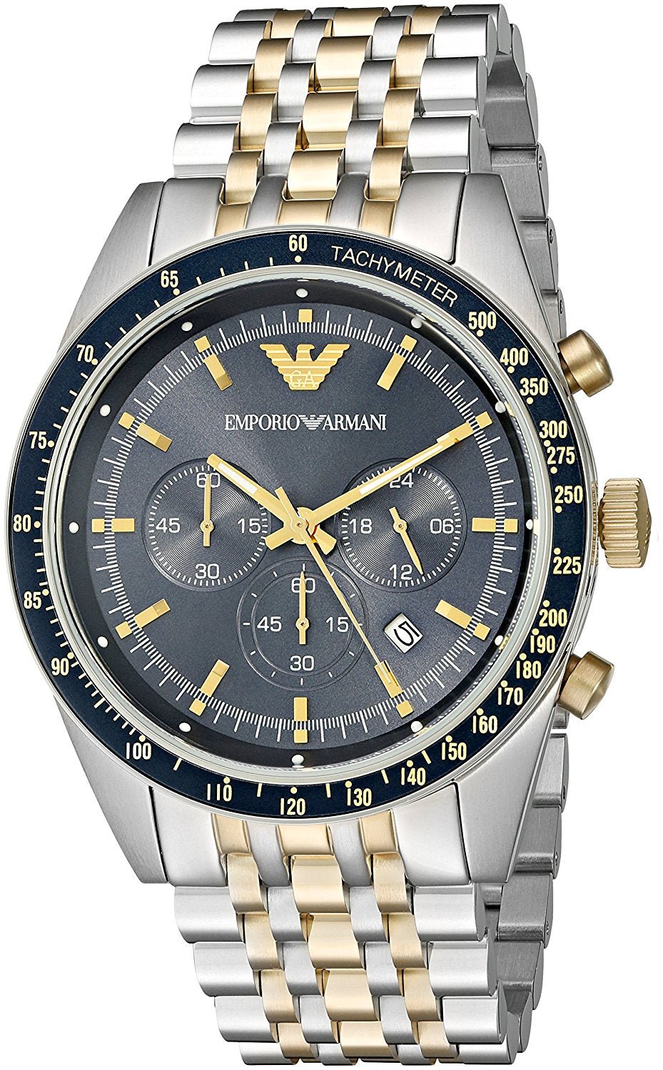 Emporio Armani Tazio Chronograph Blue Dial Gold & Silver Stainless Steel Strap Watch For Men - AR8030 Watches Emporio Armani   