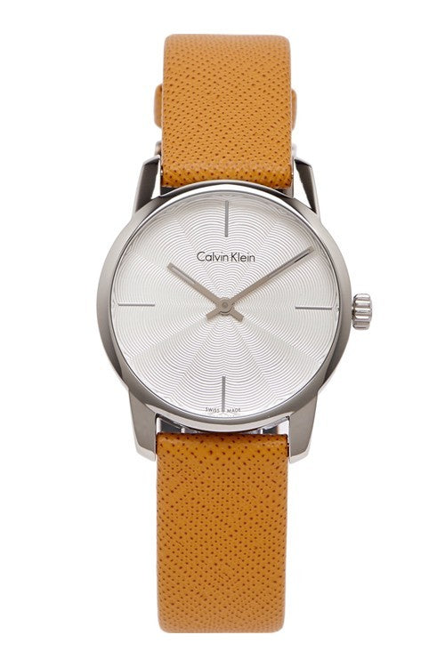 Calvin Klein City Silver Dial Orange Leather Strap Watch for Women - K2G231G6 Watches Calvin Klein   