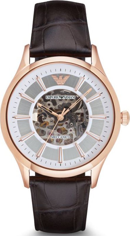 Emporio Armani Epoca White Skeletal Dial Black Leather Strap Watch For Men - AR2073 Watches Emporio Armani   