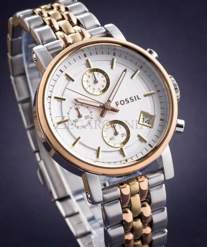 Fossil Boyfriend Chronograph White Dial Two Tone Steel Strap Watch for Women - ES3840 Watches Fossil   