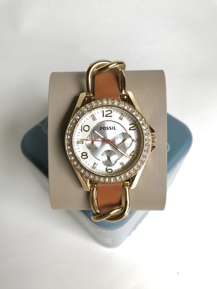 Fossil Riley Multifunction White Dial Orange Leather Strap Watch for Women - ES3723 Watches Fossil   