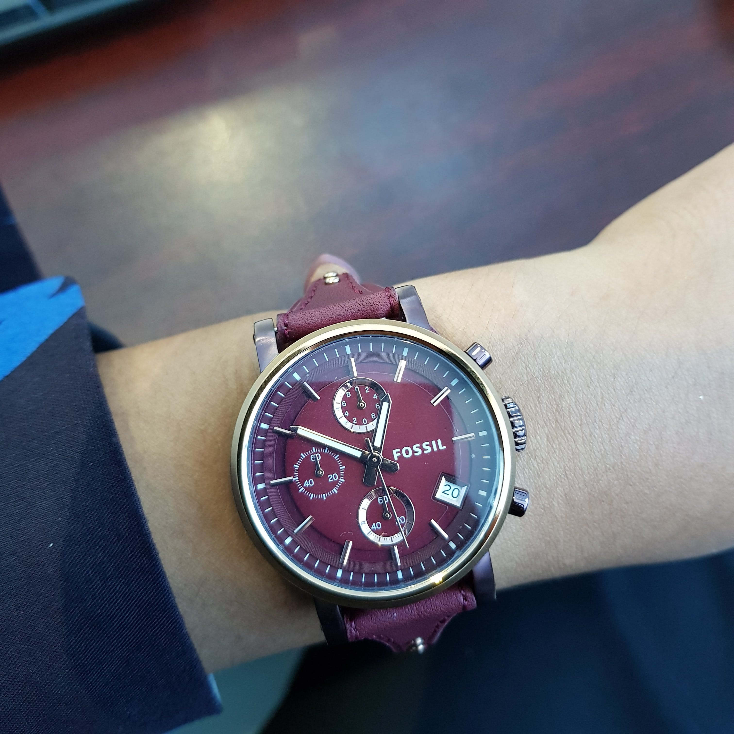 Fossil Original Boyfriend Sport Chronograph Maroon Dial Maroon Leather Strap Watch for Women - ES4114 Watches Fossil   