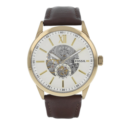 Fossil Flynn Mechanical Skeleton Champagne Dial Brown Leather Strap Watch for Men - BQ2215 Watches Fossil   