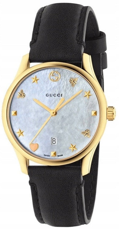 Gucci G-Timeless Mother of Pearl Dial Black Leather Strap Watch For Women - YA1264044 Watches Gucci   