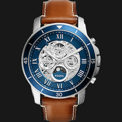 Fossil Grant Sport Automatic Skeleton Blue Dial Brown Leather Strap Watch for Men - ME3140 Watches Fossil   