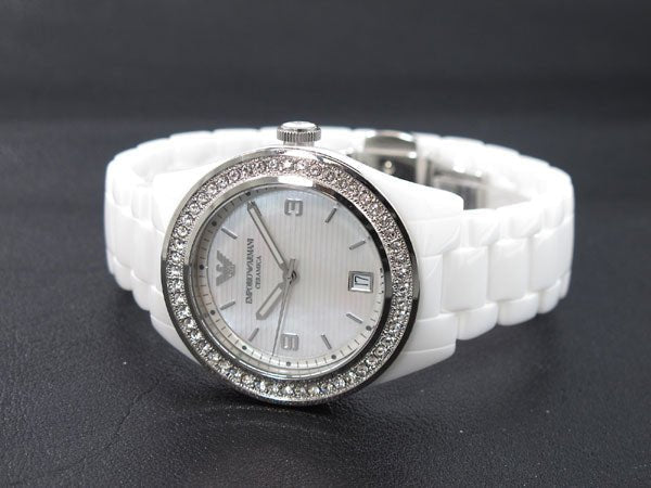 Emporio Armani Ceramica White Mother of Pearl Dial Stainless Steel Strap Watch For Women - AR1426 Watches Emporio Armani   