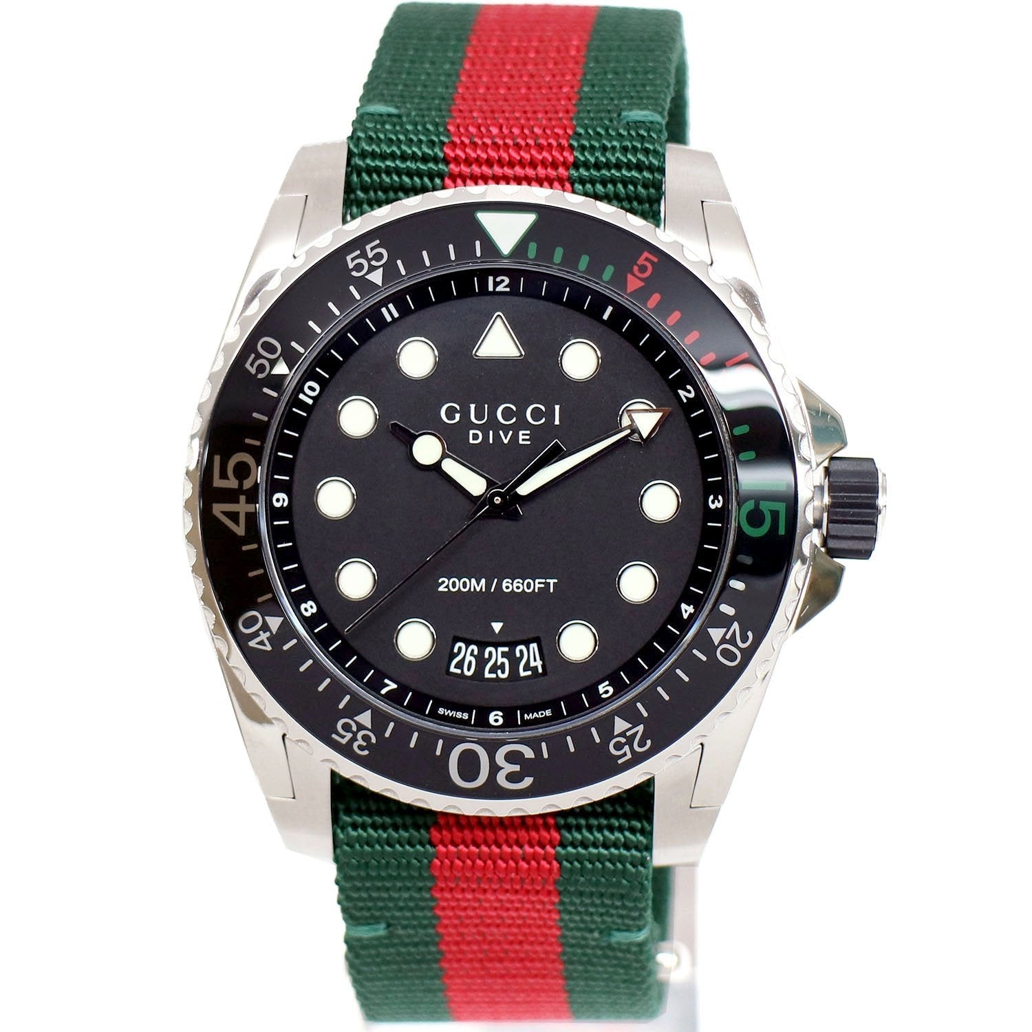 Gucci Dive Black Dial Red & Green Nylon Strap Watch For Men - YA136209 Watches Gucci   