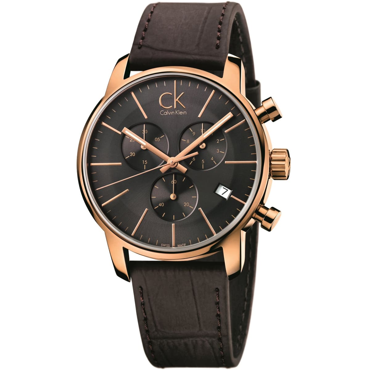 Calvin Klein City Chronograph Grey Dial Brown Leather Strap Watch for Men - K2G276G3 Watches Calvin Klein   