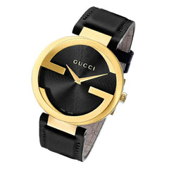 Gucci Interlocking G Gold Black Dial Black Leather Strap Unisex Watch - YA133326 Watches Gucci   