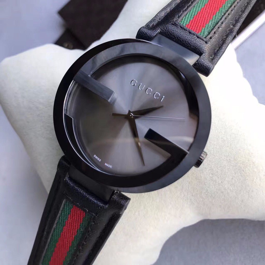 Gucci Interlocking XL Black Dial Red & Green Leather Strap Watch For Men - YA133206 Watches Gucci   