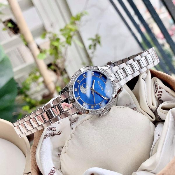 Bulova Crystal Collection Blue Mother of Pearl Dial Silver Steel Strap Watch for Women - 96L238 Watches Bulova   