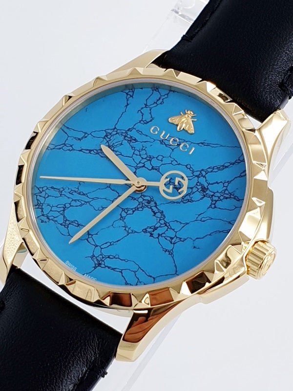 Gucci G Timeless Turquoise Blue Dial Black Leather Strap Watch For Men - YA126462 Watches Gucci   