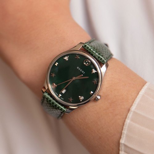 Gucci G-Timeless Mother of Pearl Green Dial Green Leather Strap Watch For Women - YA1264042 Watches Gucci   