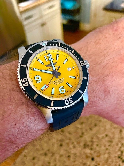 Breitling Superocean Automatic 44mm Yellow Dial Black Rubber Strap Watch for Men - A17367021I1S1 Watches Breitling   