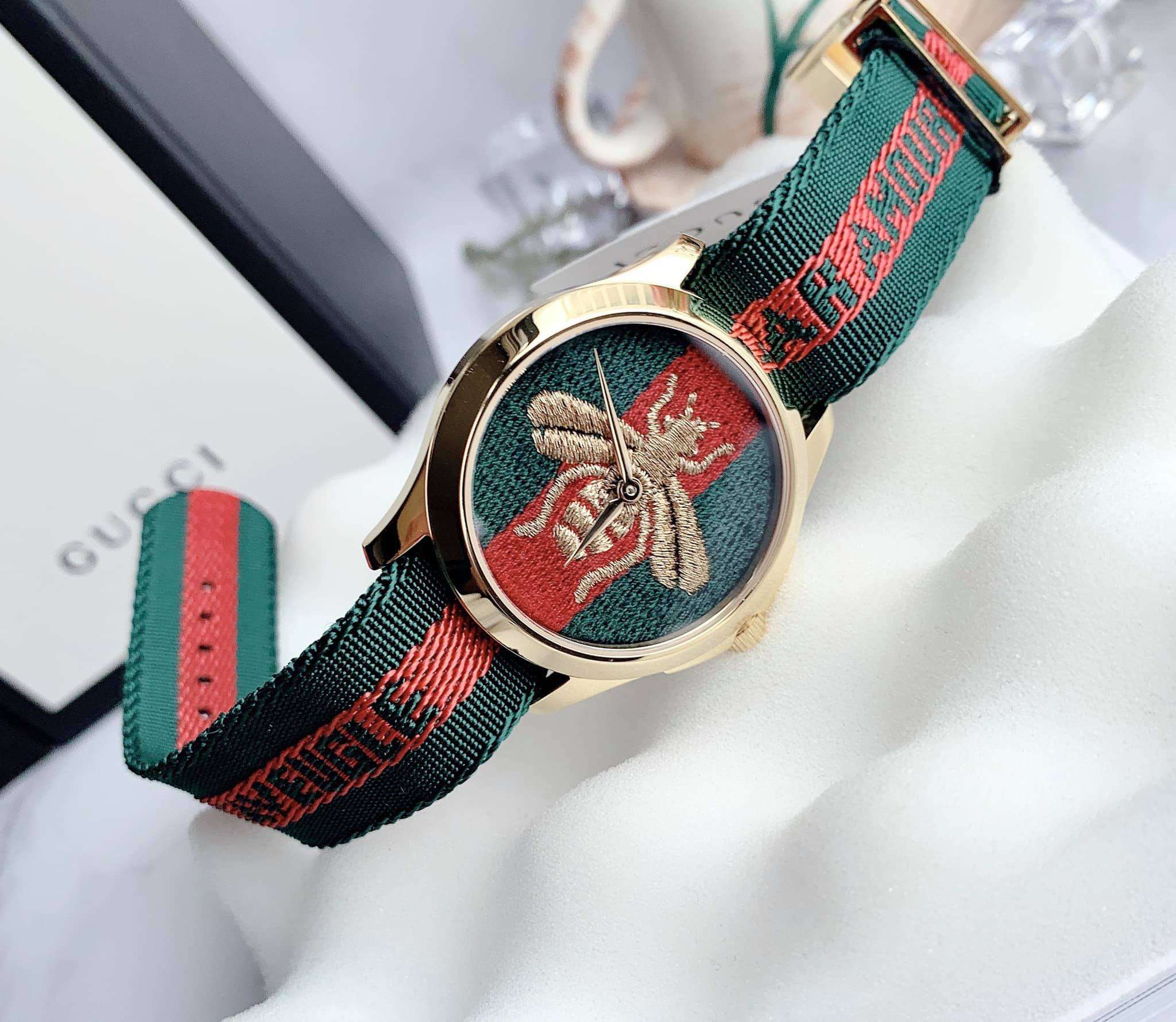 Gucci Le Marche des Merveilles Green & Red Dial Green & Red NATO Strap Unisex Watch - YA126487 Watches Gucci   