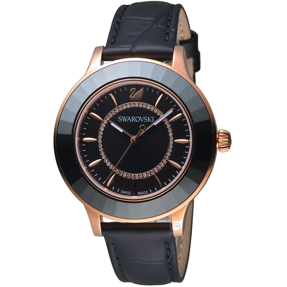 Swarovski Octea Lux Black Dial Black Leather Strap Watch for Women - 5414410 Watches Swarovski   