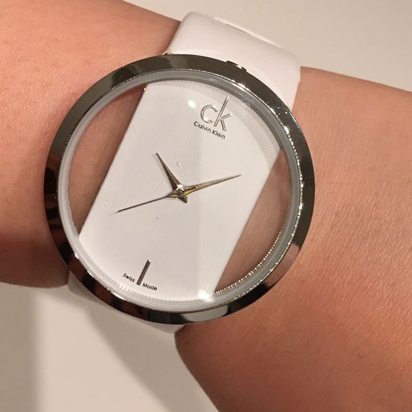 Calvin Klein Glam Transparent Dial White Leather Strap Watch for Women - K9423101 Watches Calvin Klein   