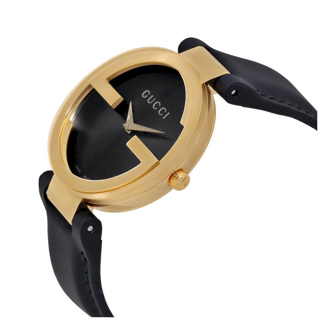 Gucci Interlocking G Gold Black Dial Black Leather Strap Unisex Watch - YA133326 Watches Gucci   