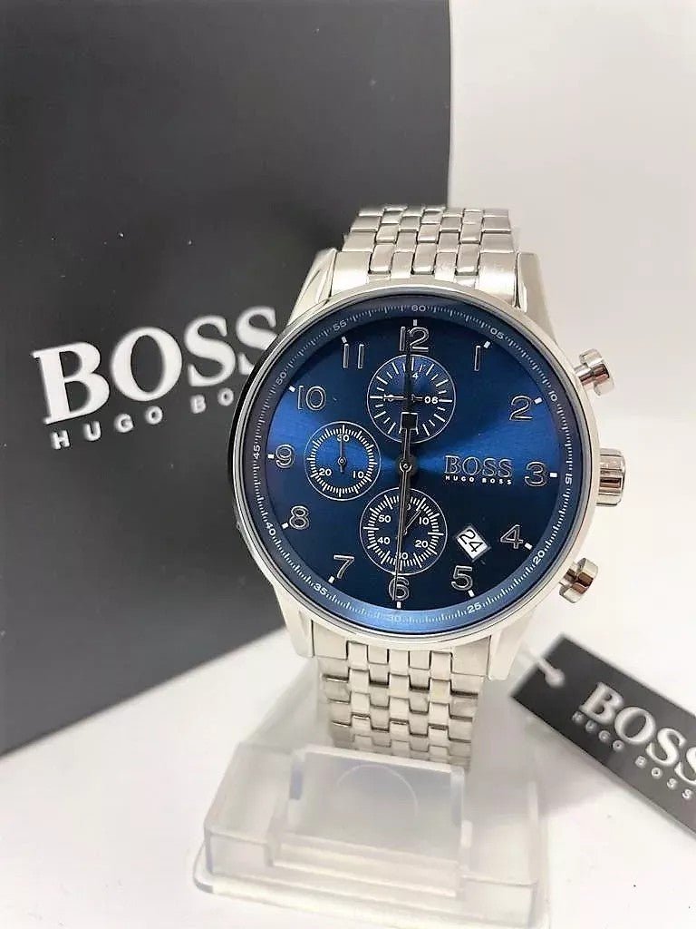 Hugo Boss Navigator Chronograph Blue Dial Silver Steel Strap Watch for Men - 1513498 Watches Hugo Boss   