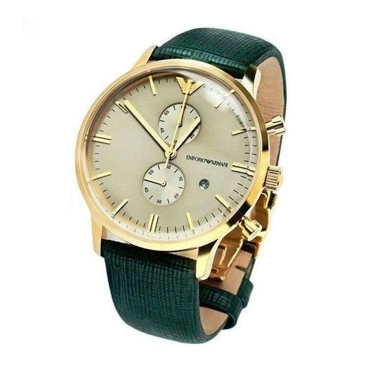 Emporio Armani Chronograph Champagne Dial Green Leather Strap Watch For Men - AR1722 Watches Emporio Armani   