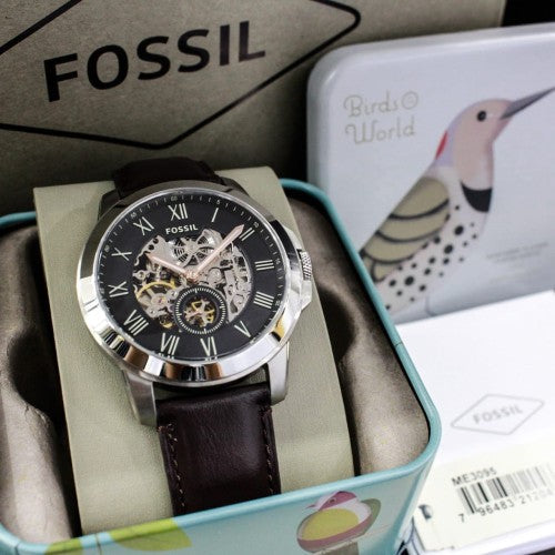 Fossil Grant Automatic Skeleton Black Dial Brown Leather Strap Watch for Men - ME3095 Watches Fossil   