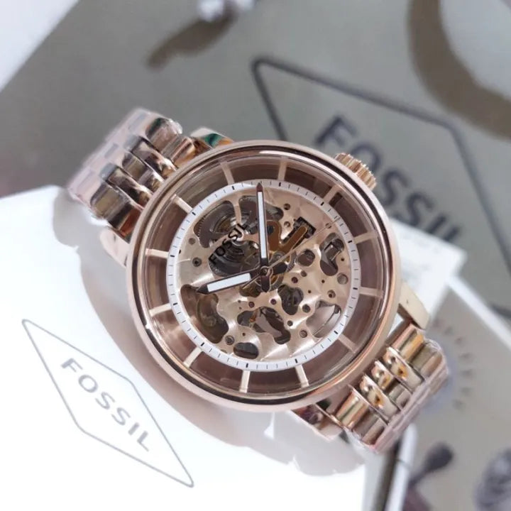 Fossil Boyfriend Automatic Skeleton Rose Gold Dial Rose Gold Steel Strap Watch for Women - ME3065 Watches Fossil   