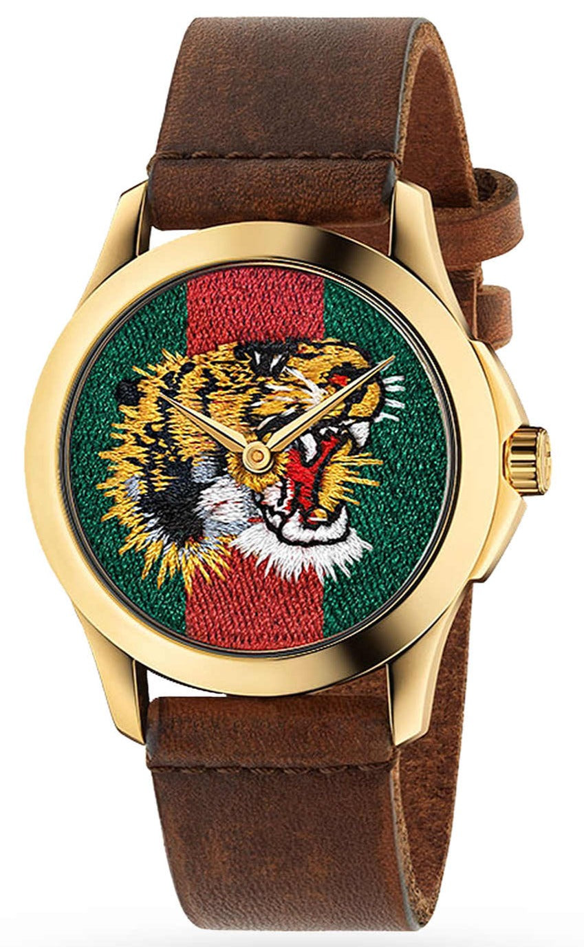 Gucci Le Marche Des Merveilles Red & Green Dial Brown Leather Strap Unisex Watch - YA126497 Watches Gucci   