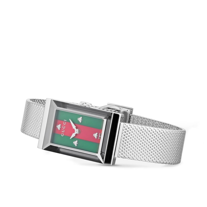 Gucci G Frame Red and Green Dial Silver Mesh Bracelet Watch For Women - YA147401 Watches Gucci   