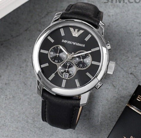 Emporio Armani Classic Chronograph Black Dial Black Leather Strap Watch For Men - AR0431 Watches Emporio Armani   