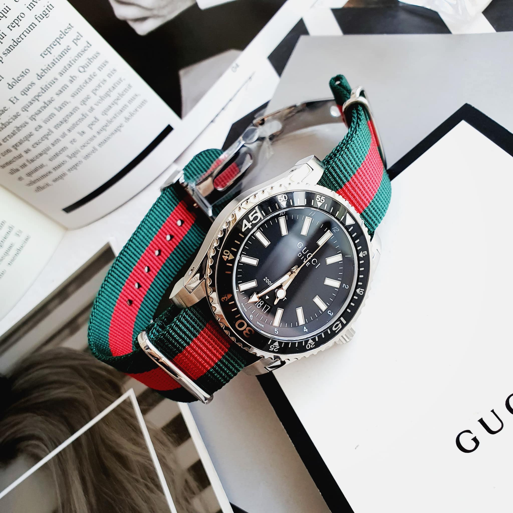 Gucci Dive Black Dial Green & Red Nylon Strap Watch For Men - YA136206 Watches Gucci   