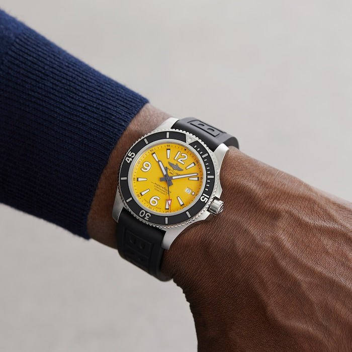 Breitling Superocean Automatic 44mm Yellow Dial Black Rubber Strap Watch for Men - A17367021I1S1 Watches Breitling   
