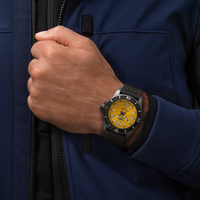 Breitling Superocean Automatic 46mm Yellow Dial Black Rubber Strap Watch for Men - M17368D71I1S1 Watches Breitling   