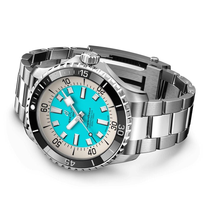 Breitling Superocean Automatic 44mm Turquoise Dial Silver Steel Strap Watch for Men - A17376211L2A1 Watches Breitling   