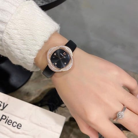 Swarovski Crystal Flower Black Dial Black Leather Strap Watch for Women - 5552421 Watches Swarovski   