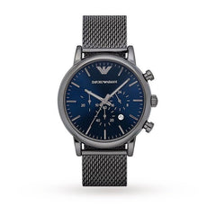 Emporio Armani Chronograph Blue Dial Gun Metallic Mesh Bracelet Watch For Men - AR1979 Watches Emporio Armani   