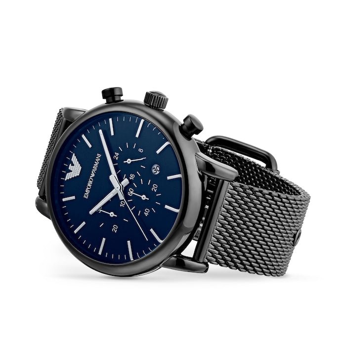 Emporio Armani Chronograph Blue Dial Gun Metallic Mesh Bracelet Watch For Men - AR1979 Watches Emporio Armani   