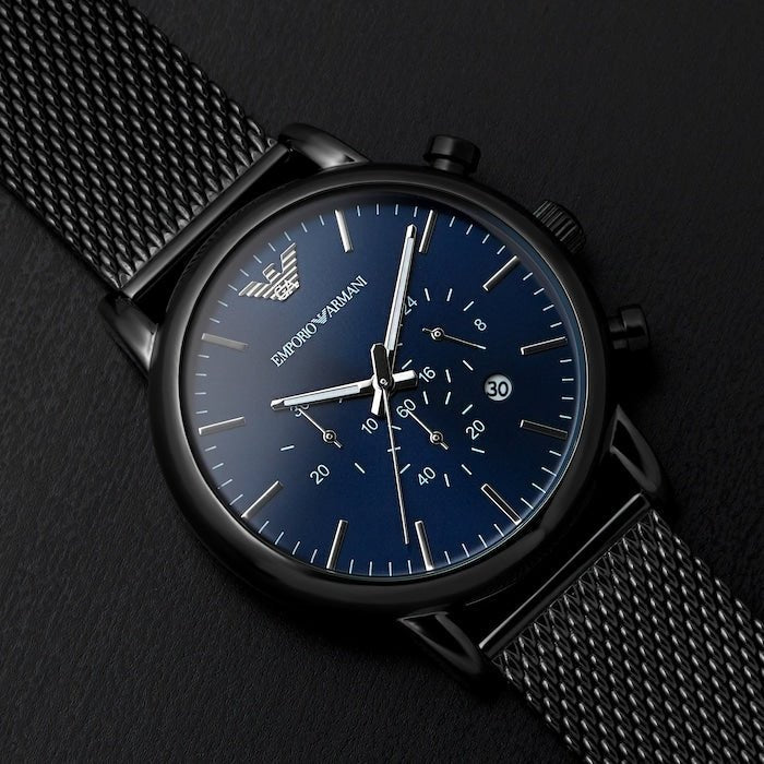 Emporio Armani Chronograph Blue Dial Gun Metallic Mesh Bracelet Watch For Men - AR1979 Watches Emporio Armani   