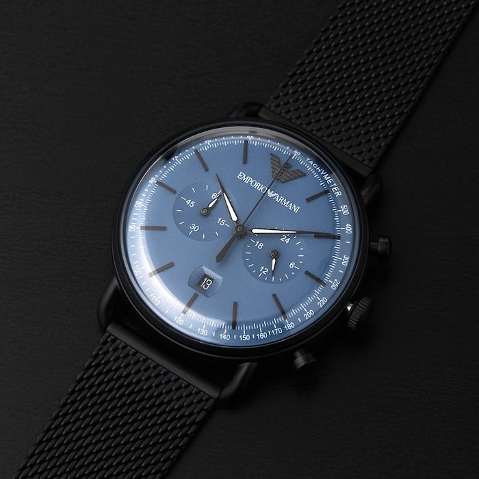 Emporio Armani Aviator Chronograph Blue Dial Black Mesh Bracelet Watch For Men - AR11201 Watches Emporio Armani   