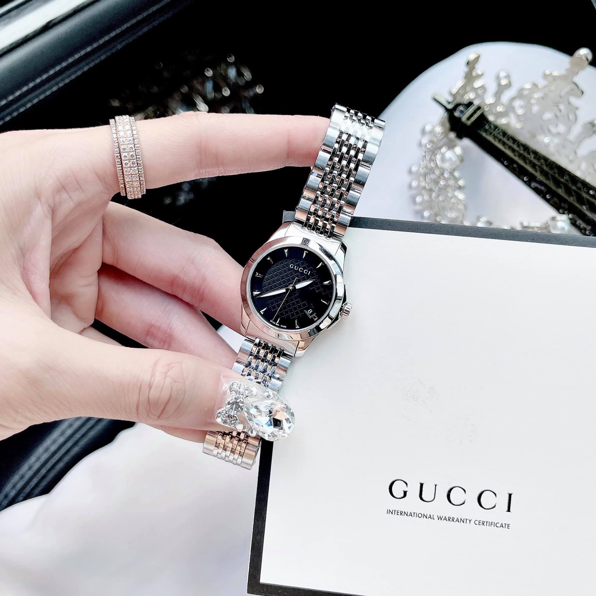 Gucci G Timeless Black Dial Silver Steel Strap Watch For Women - YA126502 Watches Gucci   