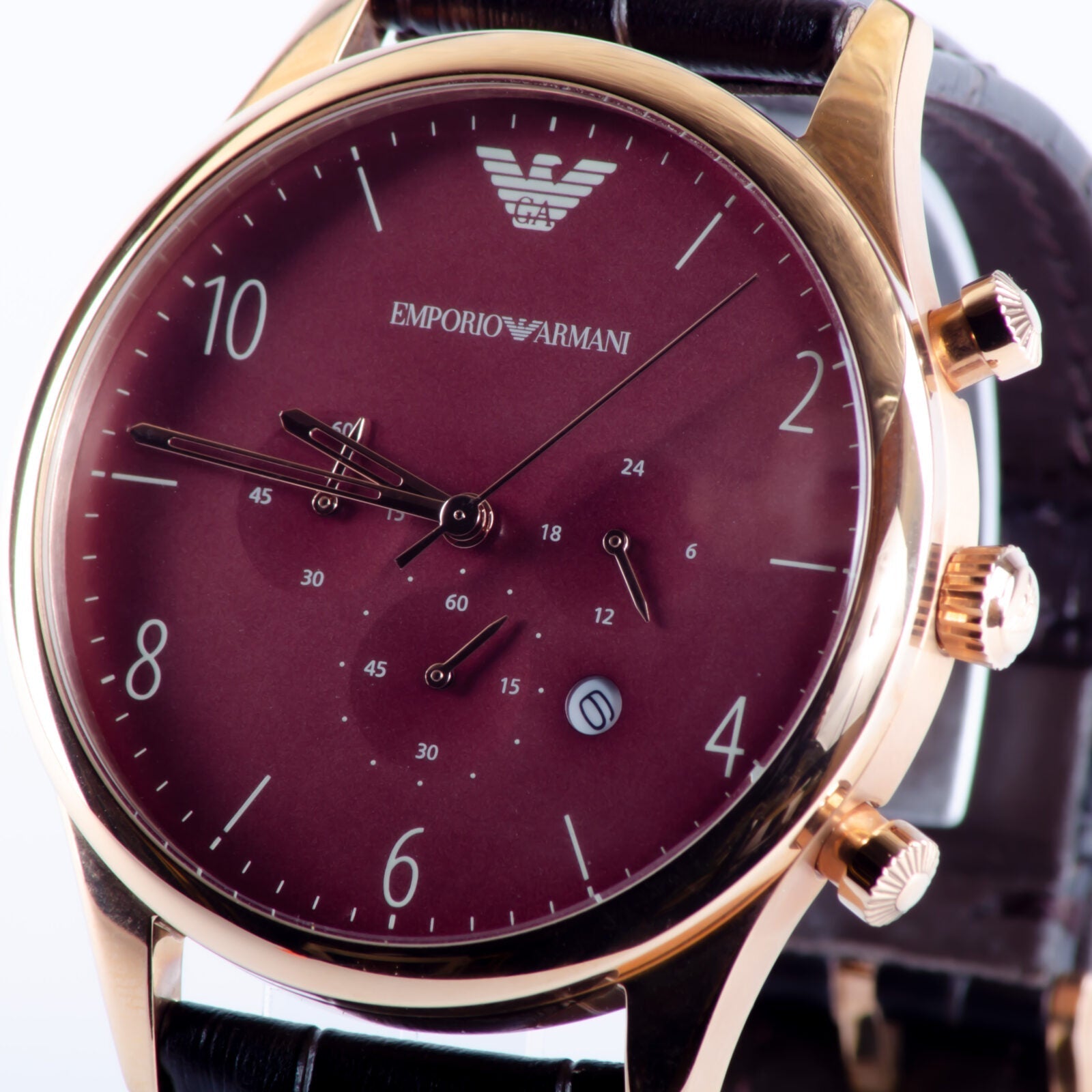 Emporio Armani Classic Chronograph Burgundy Dial Brown Leather Strap Watch For Men - AR1890 Watches Emporio Armani   