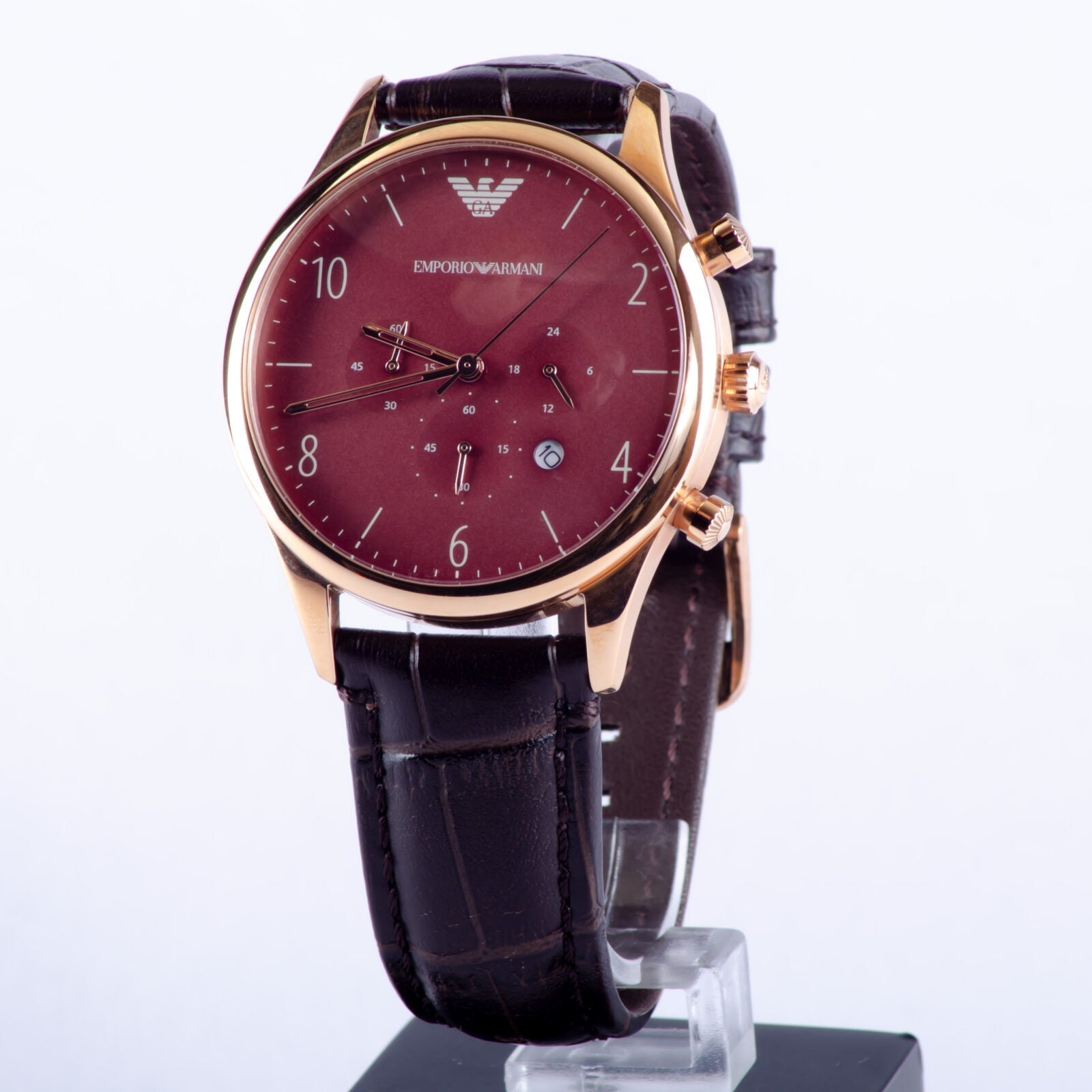 Emporio Armani Classic Chronograph Burgundy Dial Brown Leather Strap Watch For Men - AR1890 Watches Emporio Armani   