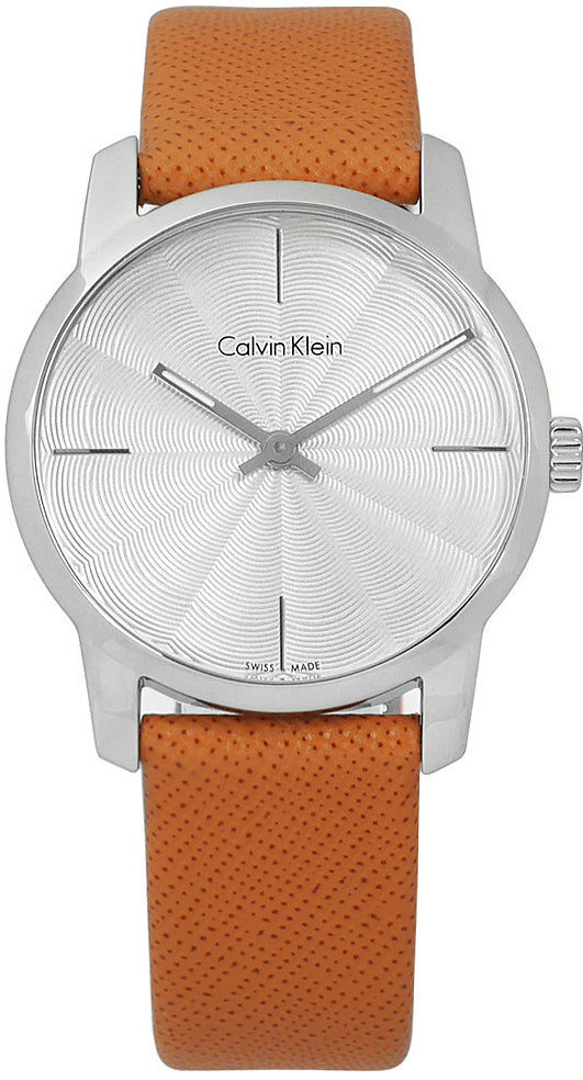 Calvin Klein City Silver Dial Orange Leather Strap Watch for Women - K2G231G6 Watches Calvin Klein   