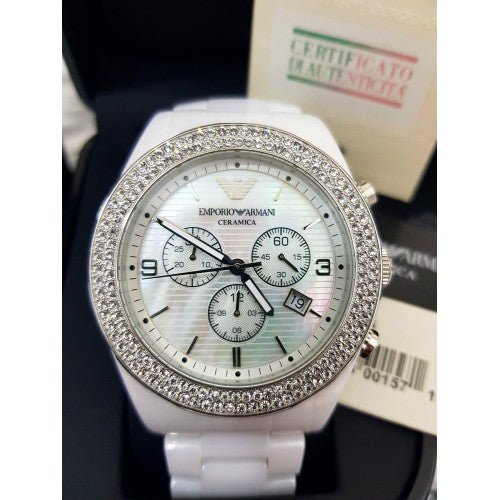 Emporio Armani Ceramica Chronograph White Dial White Ceramic Strap Watch For Women - AR1456 Watches Emporio Armani   