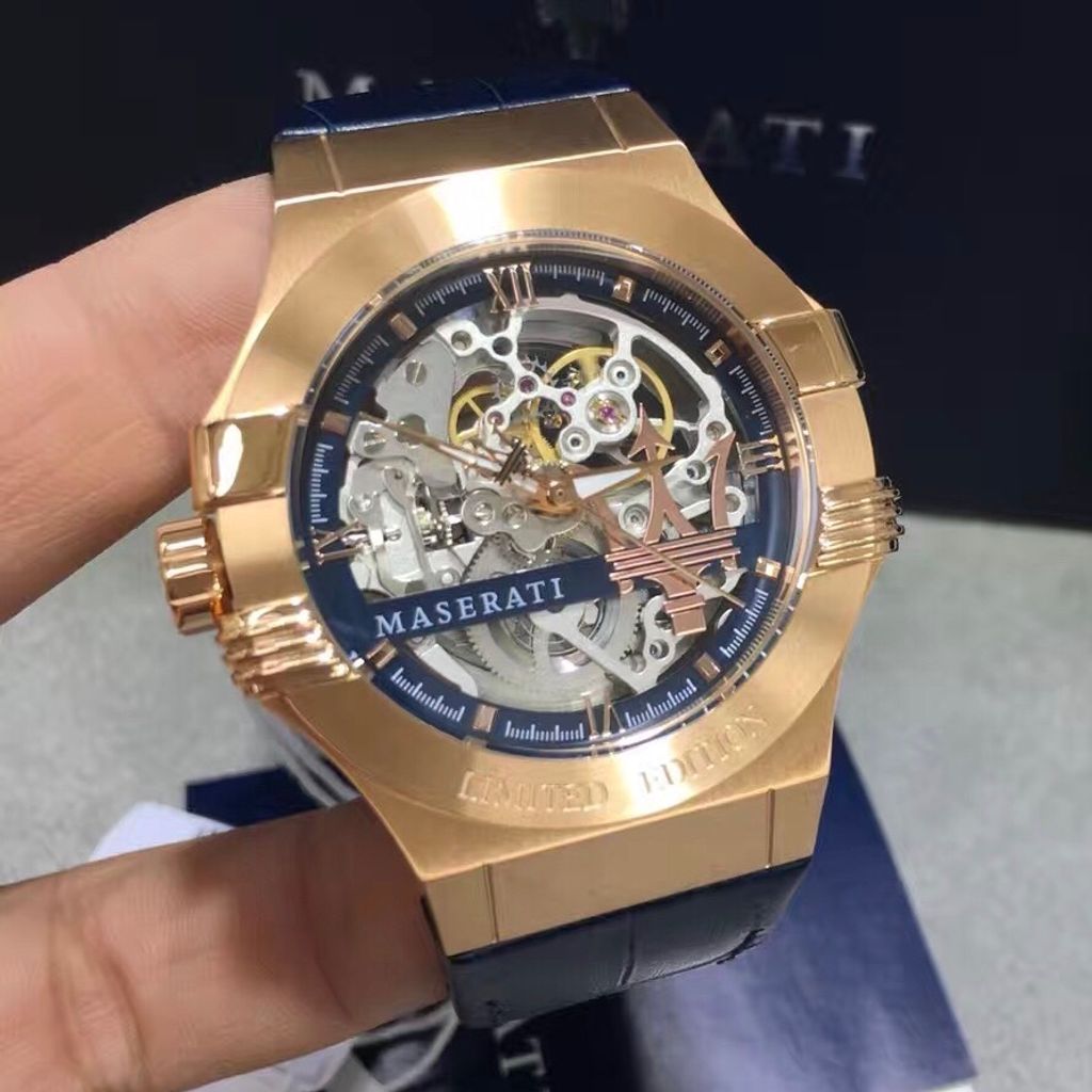 Maserati Automatic Skeleton Dial Rose Gold Blue Leather Strap Watch For Men - R8821108022 Watches Maserati   