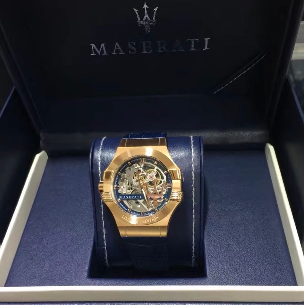 Maserati Automatic Skeleton Dial Rose Gold Blue Leather Strap Watch For Men - R8821108022 Watches Maserati   